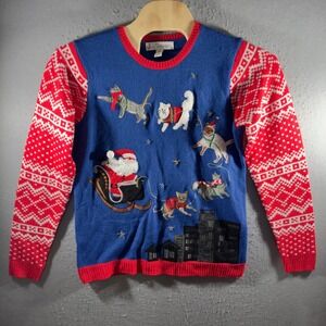 3232 | Jolly Sweaters Santa Cats Ugly Christmas Sweater Light Up Blue Women L